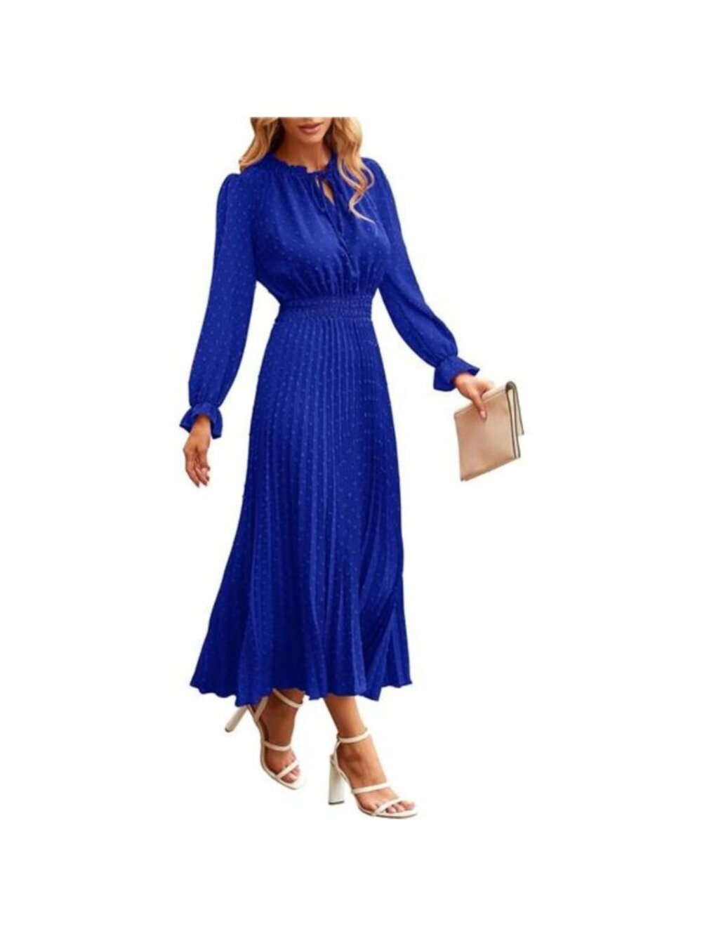 Women's Midi Dress Casual Long Sleeve V Neck Swiss Dot Pleated Flowy Dress, Blue